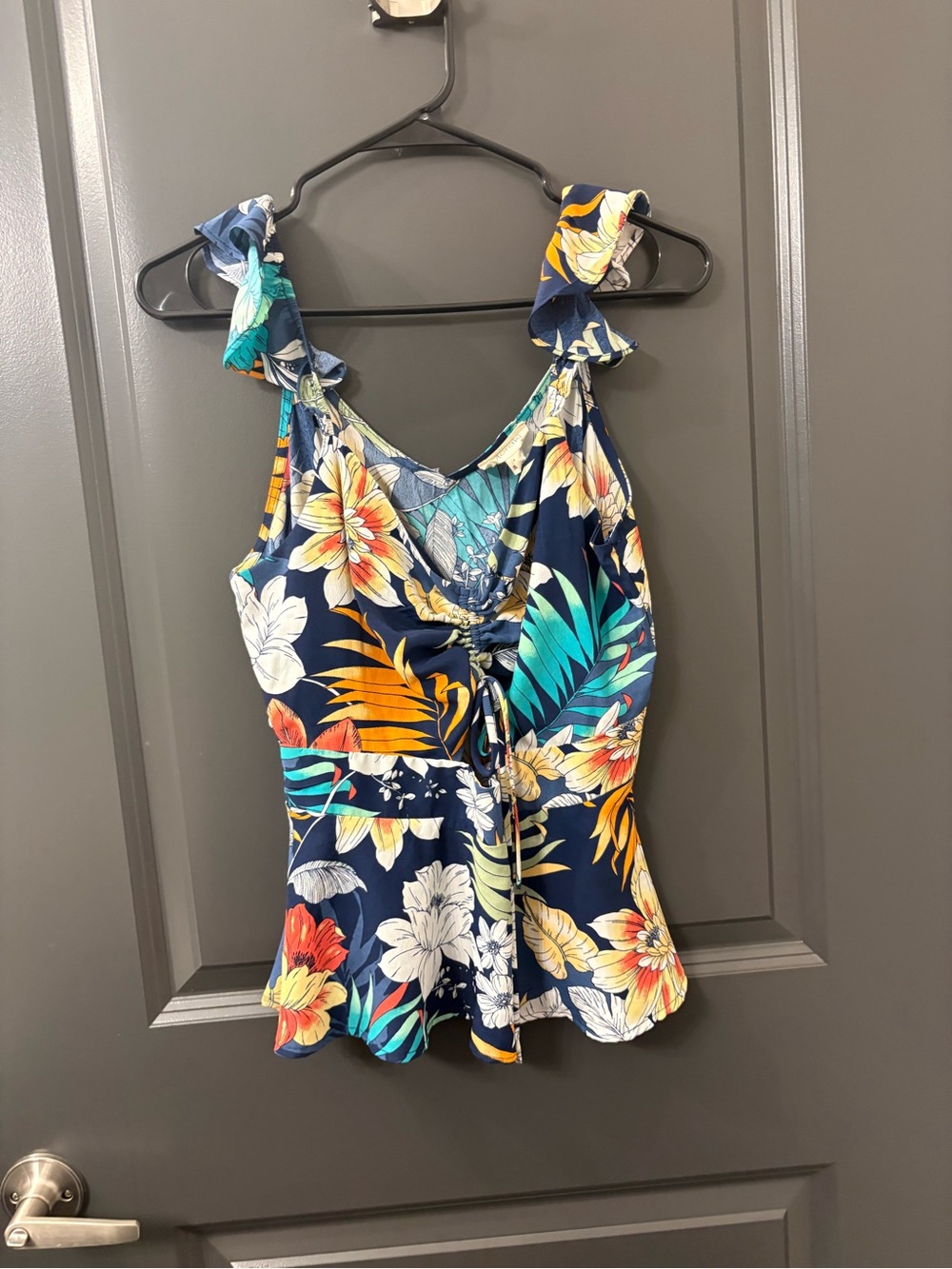 meraki Navy Floral Ruffle-Strap Tank Top with Tropical Print